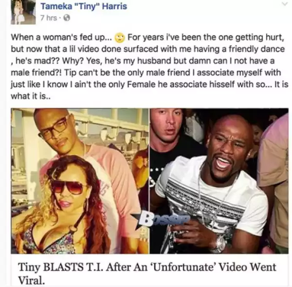 Tiny blasts T.I for his reaction over her dance video with Mayweather